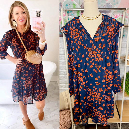 Time and Tru Navy Floral Long Sleeve Dress (XS)