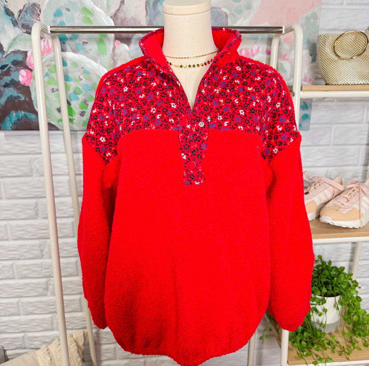 LOFT Red Floral Sherpa Snap Pullover (XS)