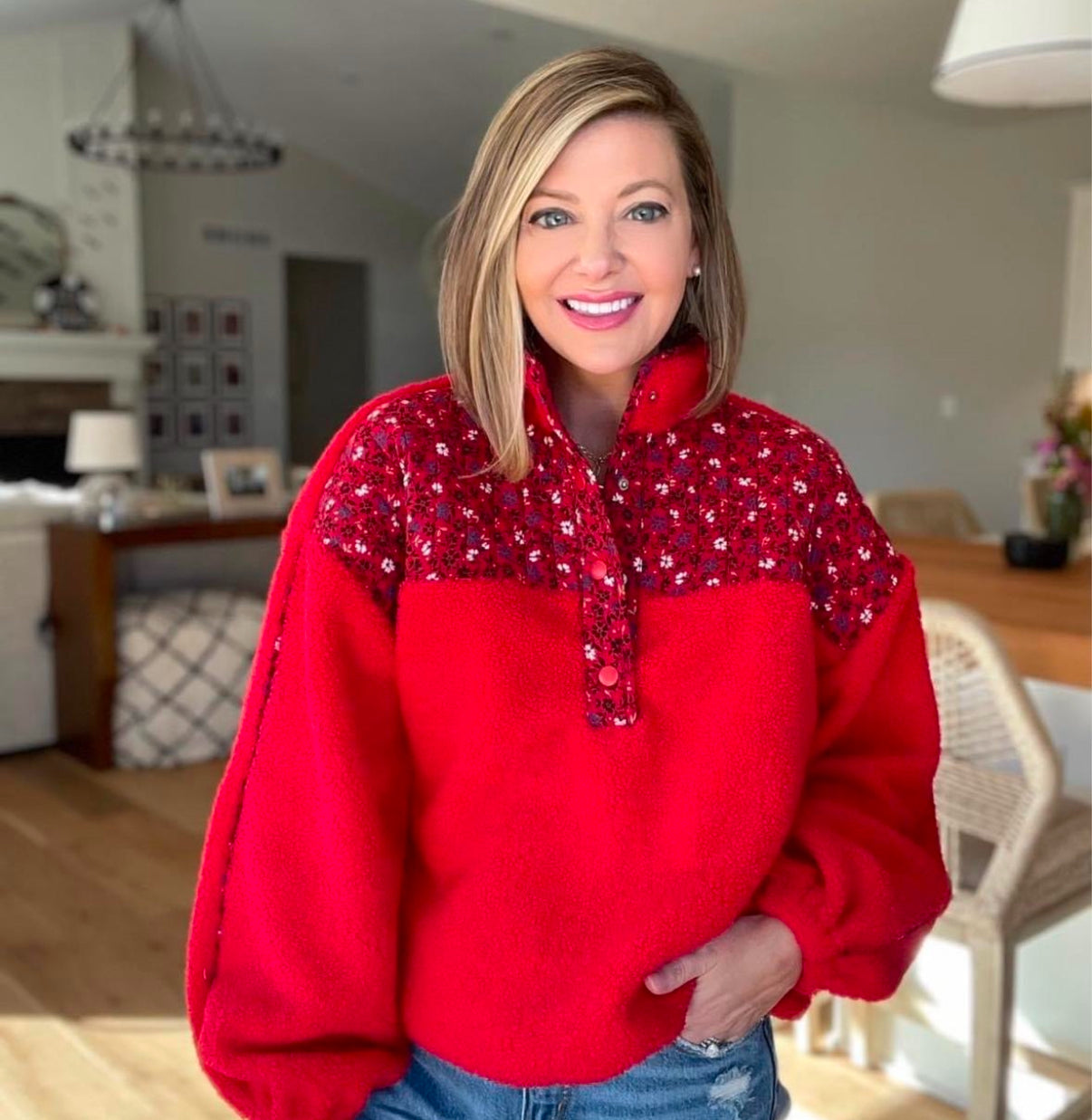 LOFT Red Floral Sherpa Snap Pullover (XS)