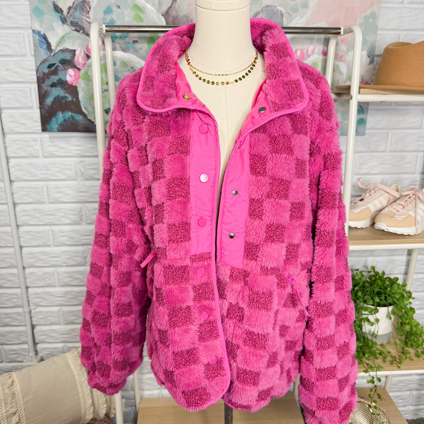 Yidarer New Pink Checkered Sherpa Jacket (L)