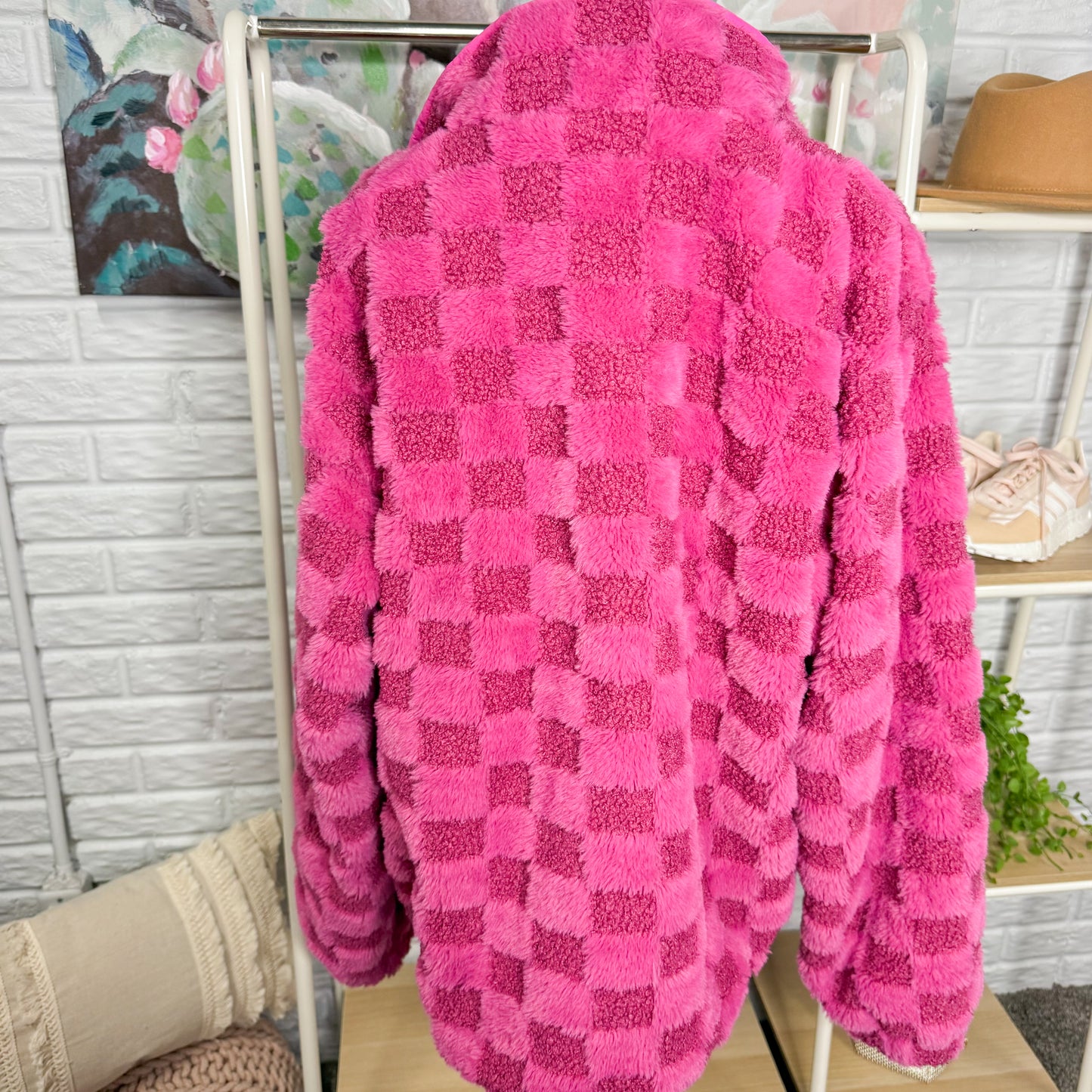 Yidarer New Pink Checkered Sherpa Jacket (L)