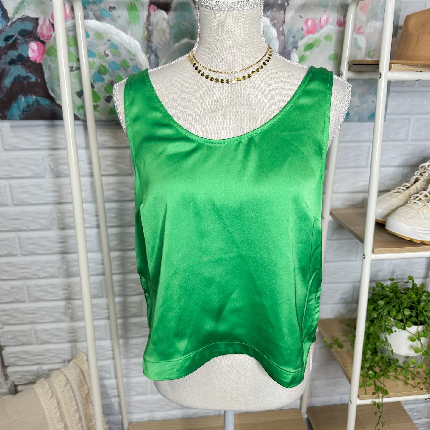 LOFT Green Satin Hi-Lo Hem Tank Top (XS)