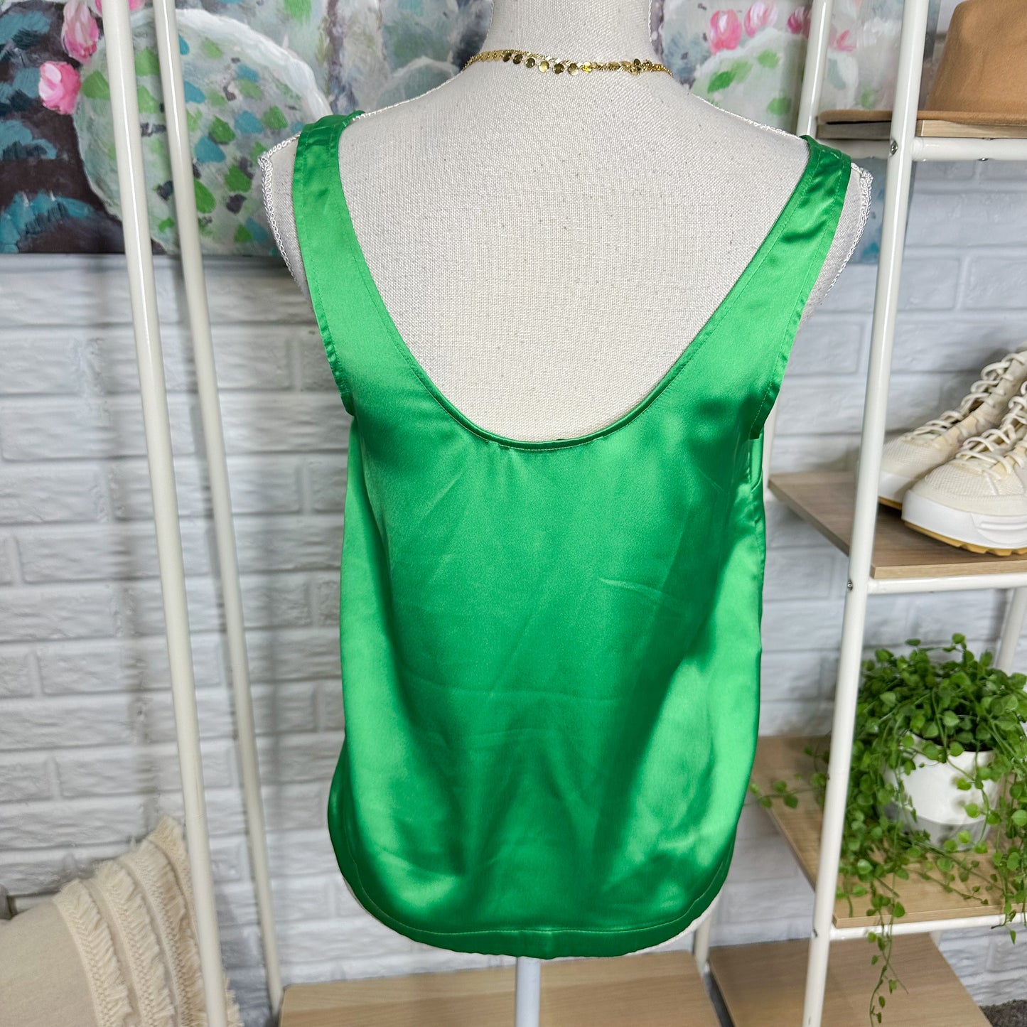 LOFT Green Satin Hi-Lo Hem Tank Top (XS)