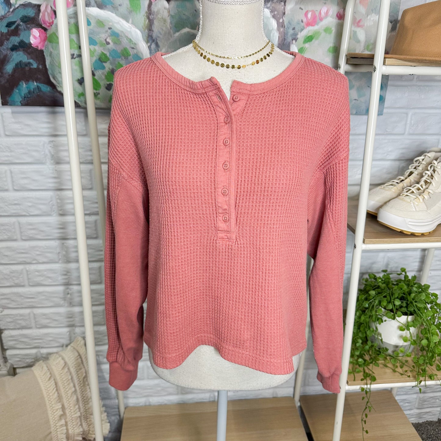 Aerie Mauve Waffle Henley Top (XS)