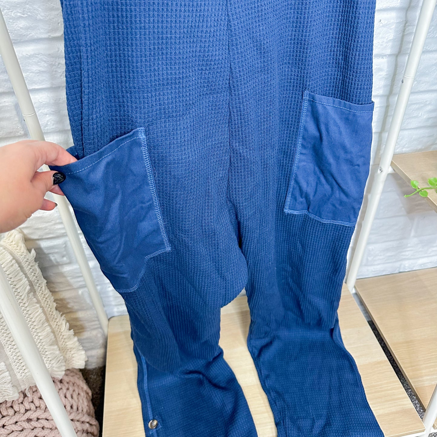 Blue Waffle Knit Jumpsuit Overalls (M)