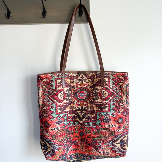 Soft Surroundings Indira Carpet Bag Woven Leather Handle Shopper Tote