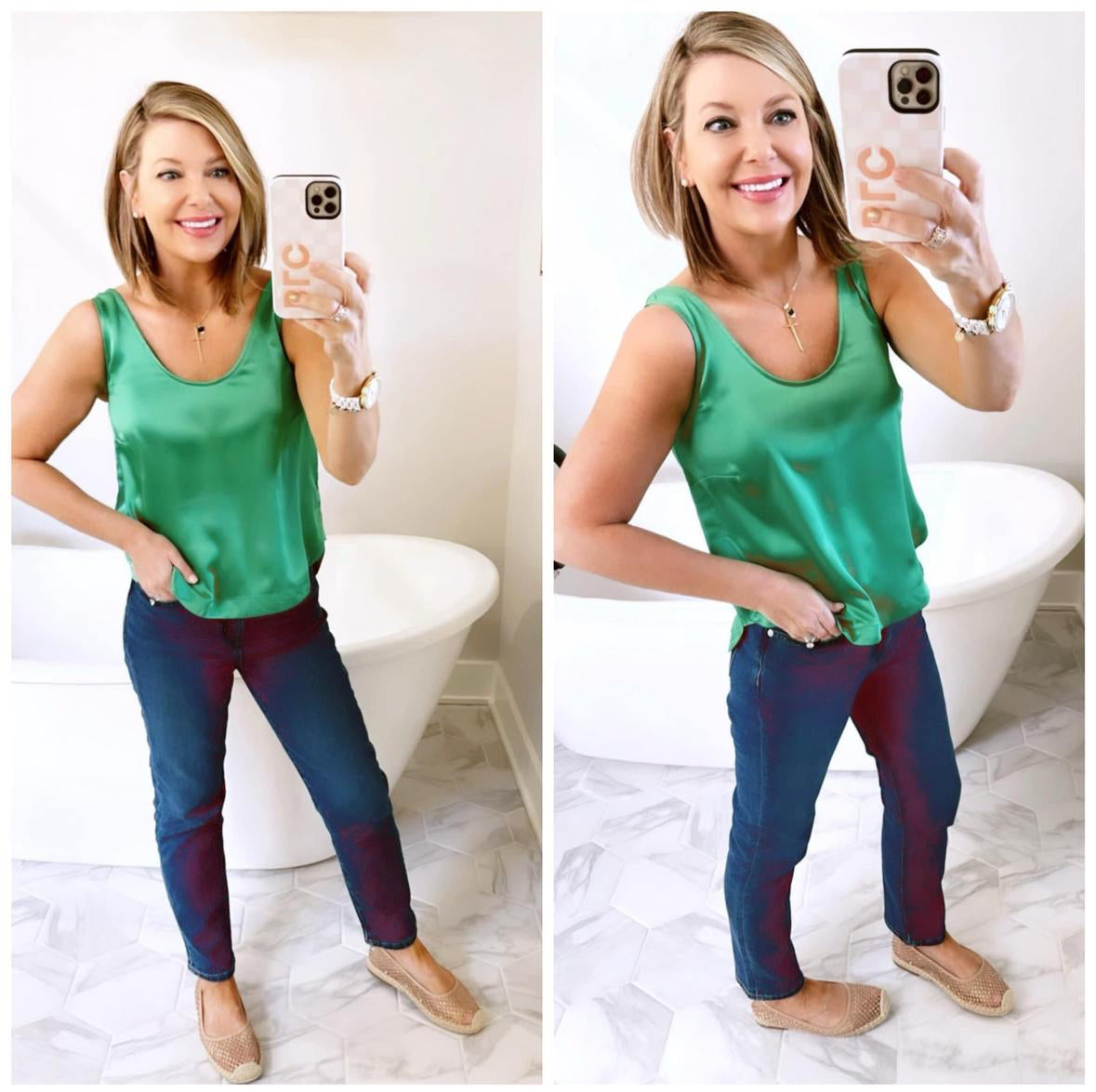 LOFT Green Satin Hi-Lo Hem Tank Top (XS)