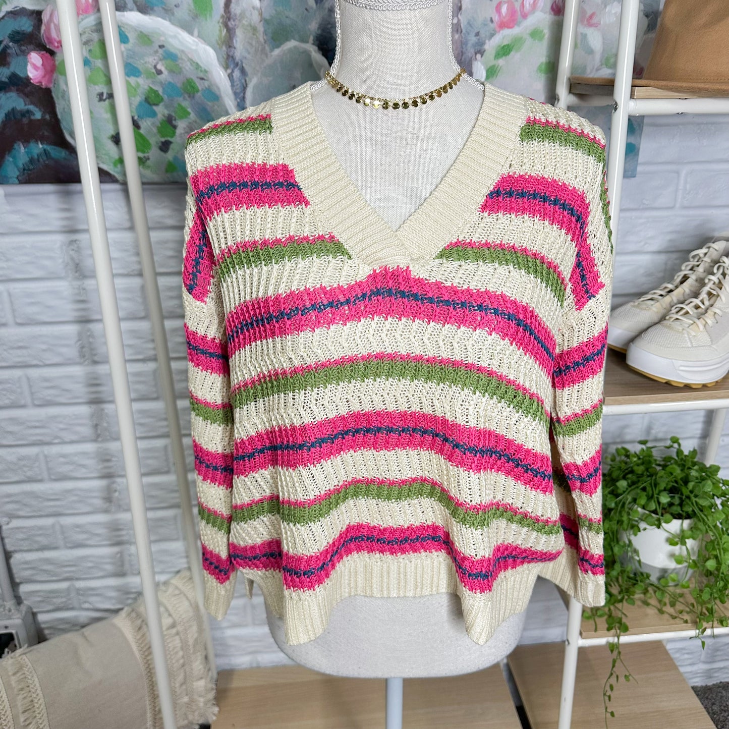 LOFT Textured Stripe V Neck Sweater (XS)