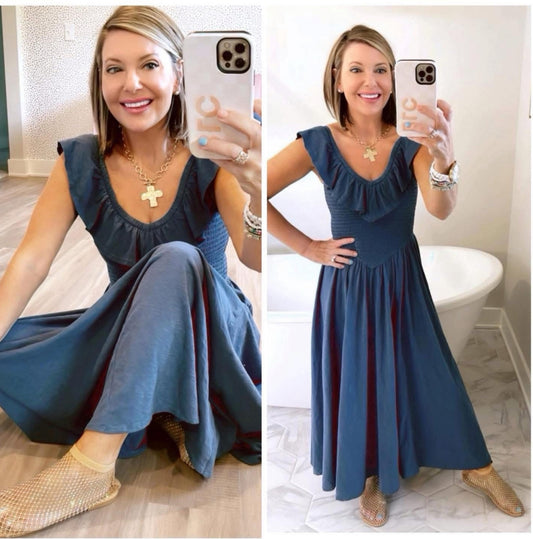 American Eagle Blue Ruffle Midi Dress (XS)