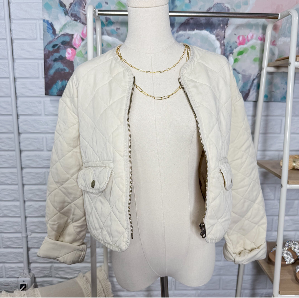 American Eagle Cream Quilted Jacket (XS)
