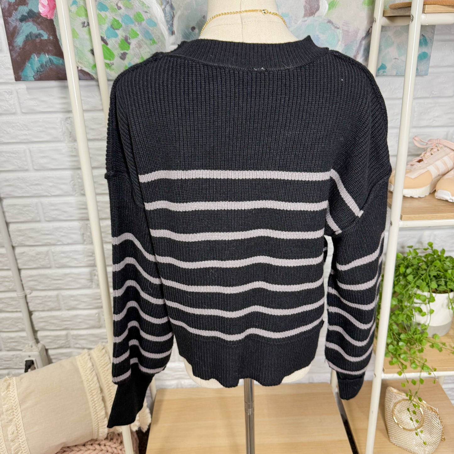 Black Knit Grey Striped Sweater (M)