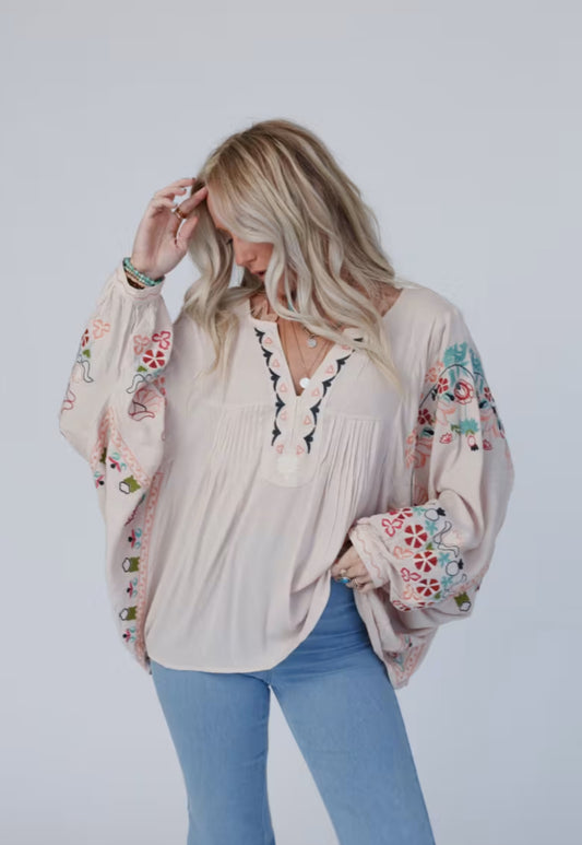 Three Birds Nest Frida Embroidered Dolman Sleeve Top (S)