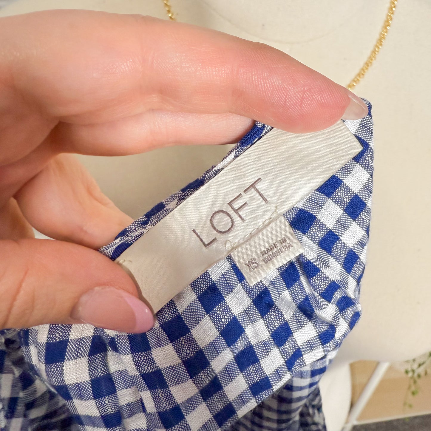 LOFT Blue Gingham Front Tie Bubble Tank (XS)