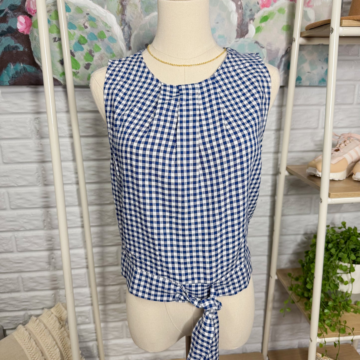 LOFT Blue Gingham Front Tie Bubble Tank (XS)