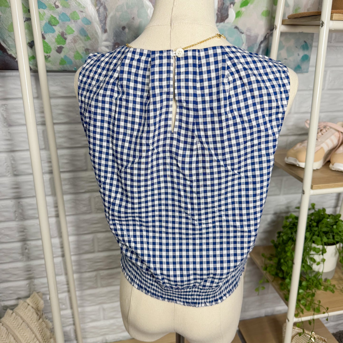 LOFT Blue Gingham Front Tie Bubble Tank (XS)