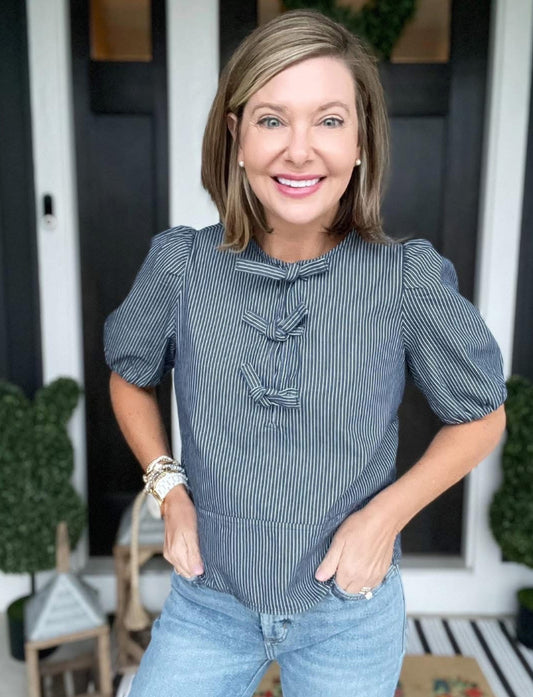 LOFT NEW Striped Chambray Bow Top (XSP)