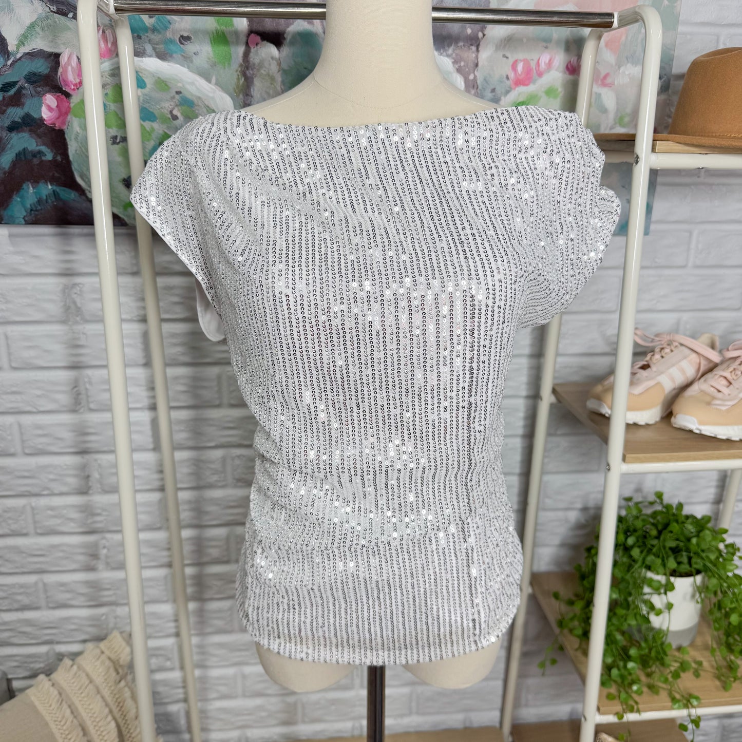 Grace Karin New Silver Sequin One Shoulder Top (S)