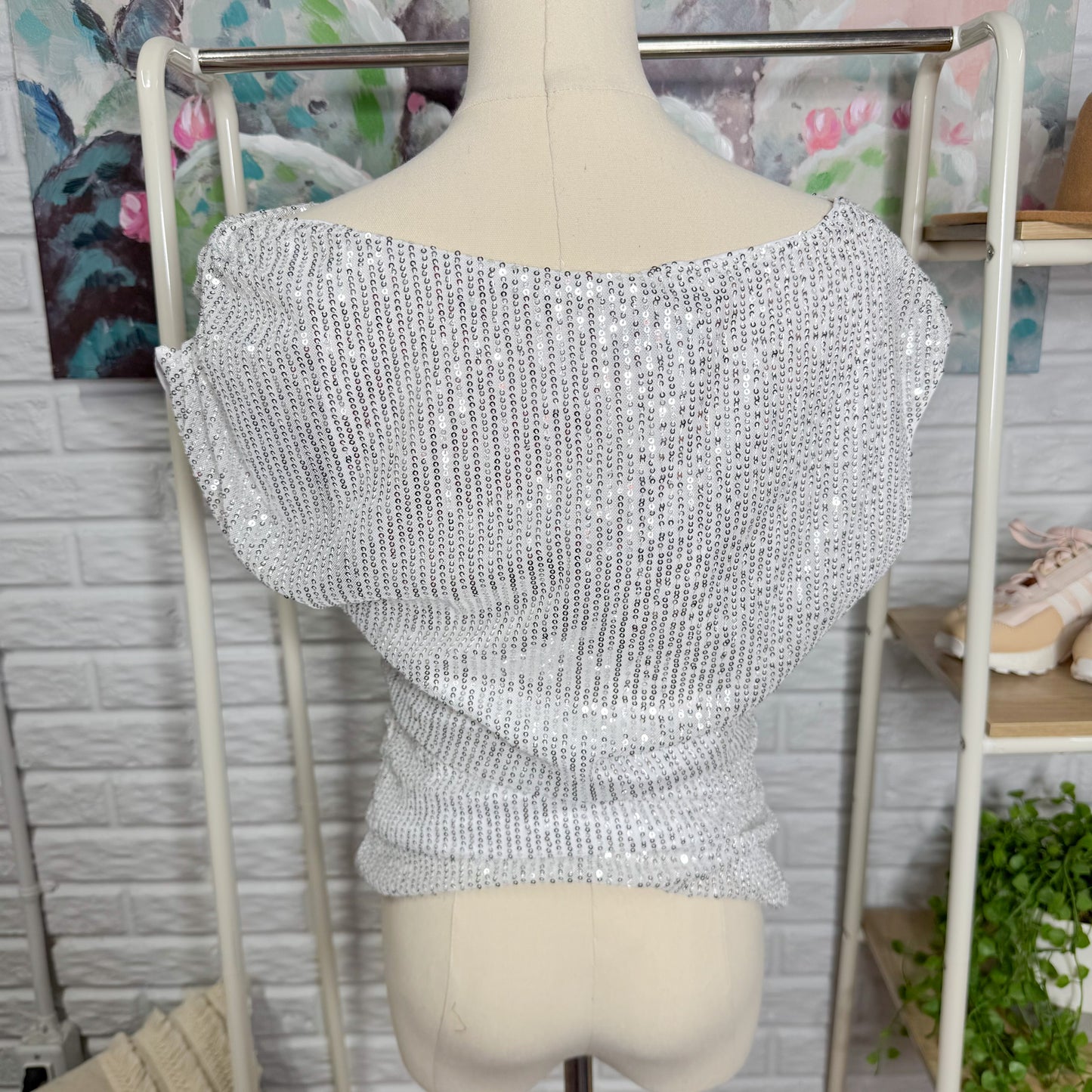 Grace Karin New Silver Sequin One Shoulder Top (S)