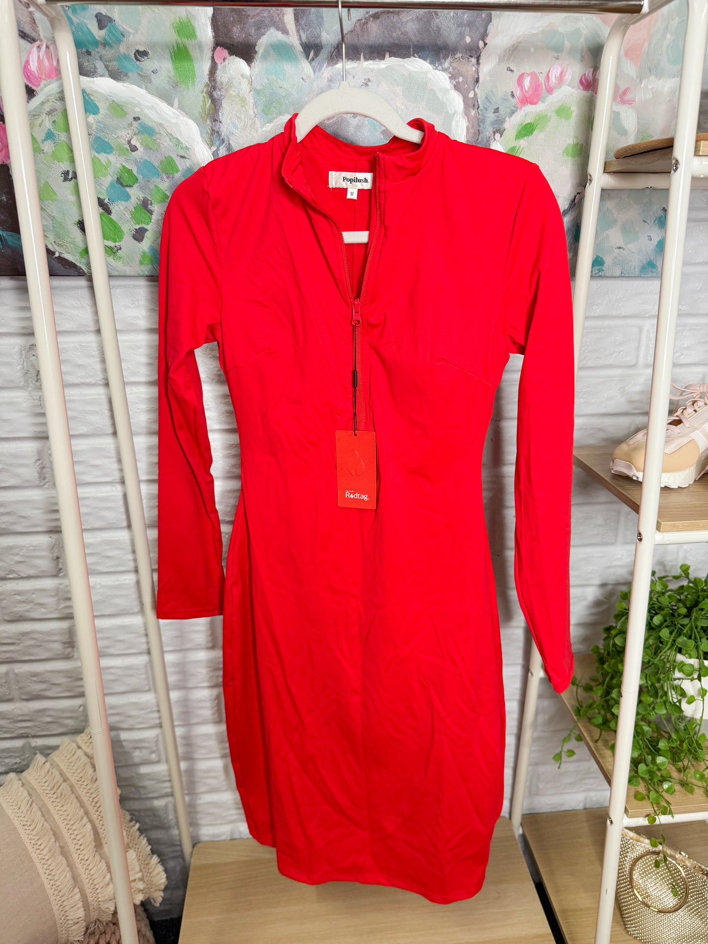 Popilush New Red Zipper Long Sleeve Shapewear Dress (M)