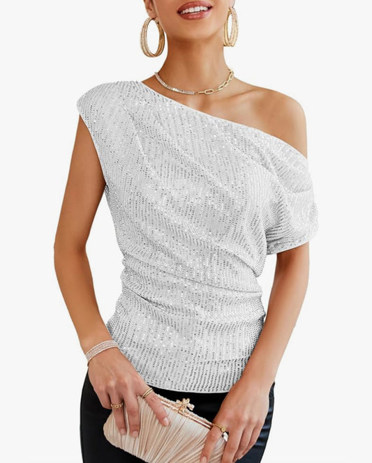 Grace Karin New Silver Sequin One Shoulder Top (S)