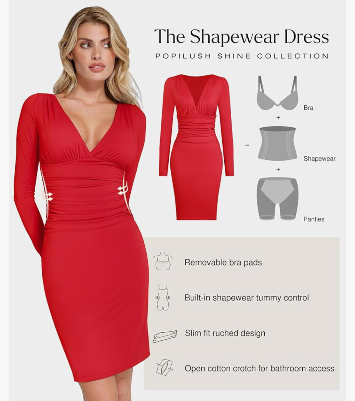 Popilush New Red Long Sleeve Bodycon Shapewear Dress (M)