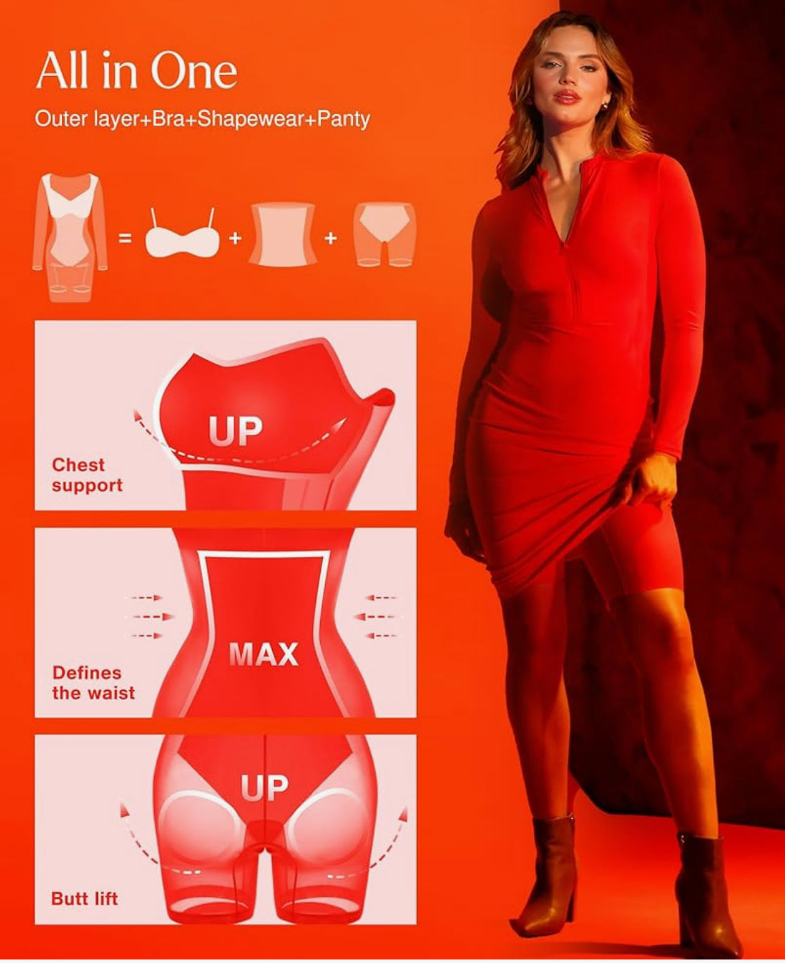 Popilush New Red Zipper Long Sleeve Shapewear Dress (M)