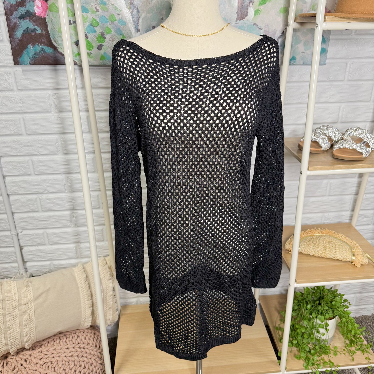 Qinsen New Black Crochet Dress Coverup (M)