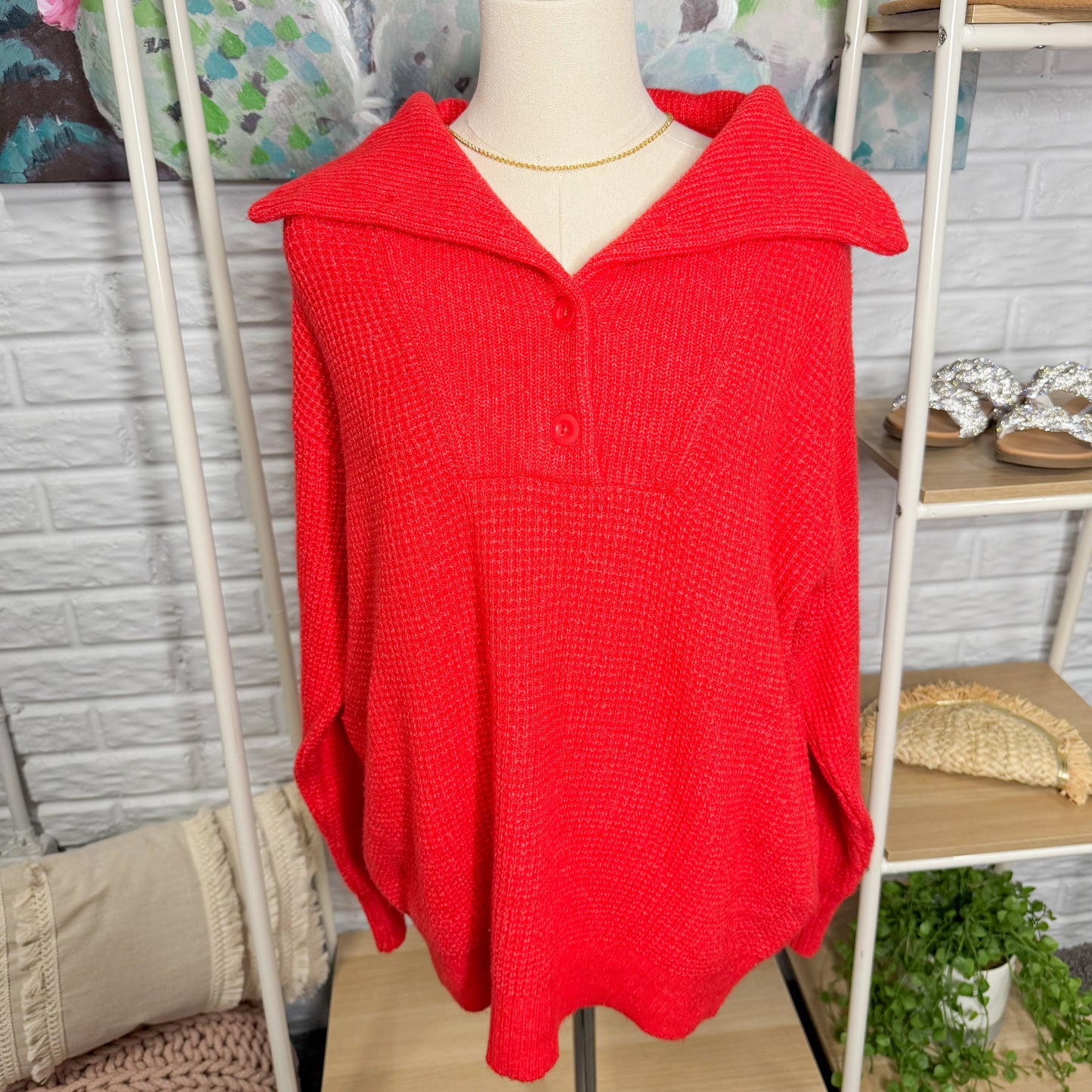 Aerie New Oversized Red Henley Pullover (XXS)