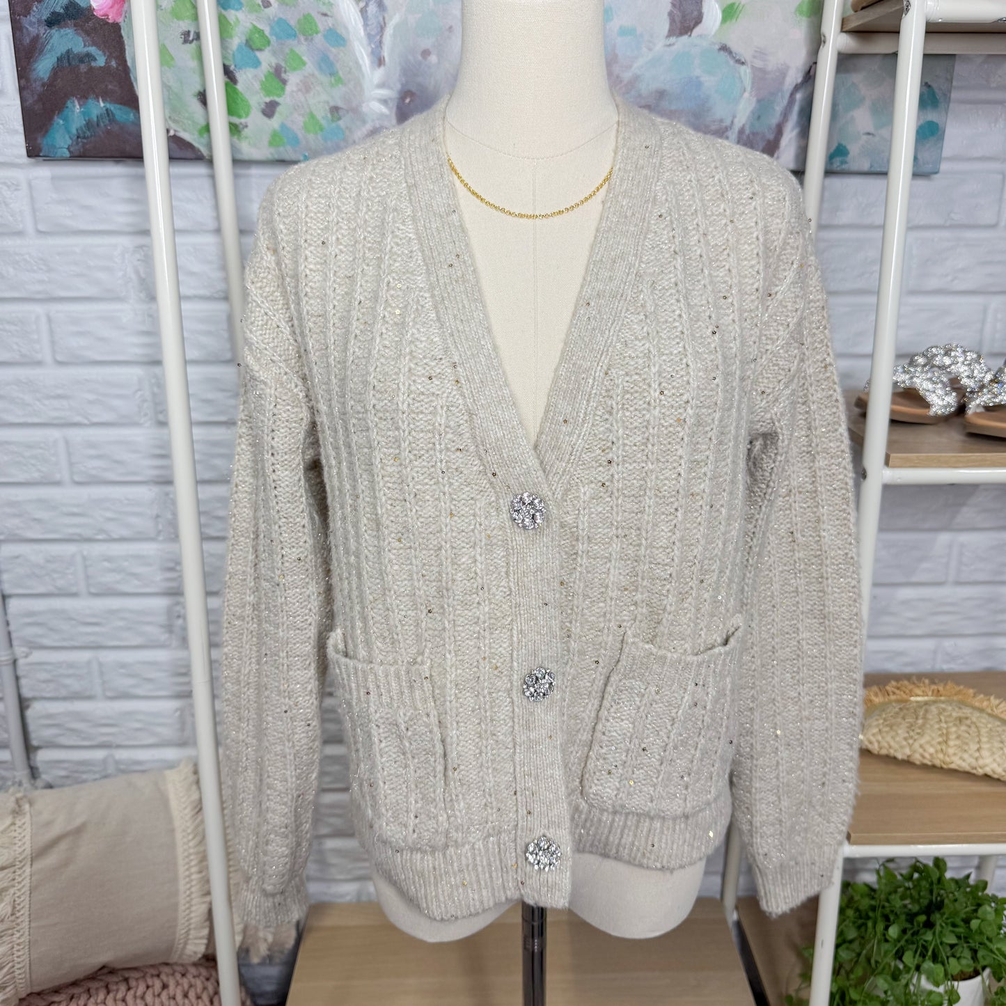 LOFT Sparkle Button Sequin V-Neck Pocket Cardigan (XS)