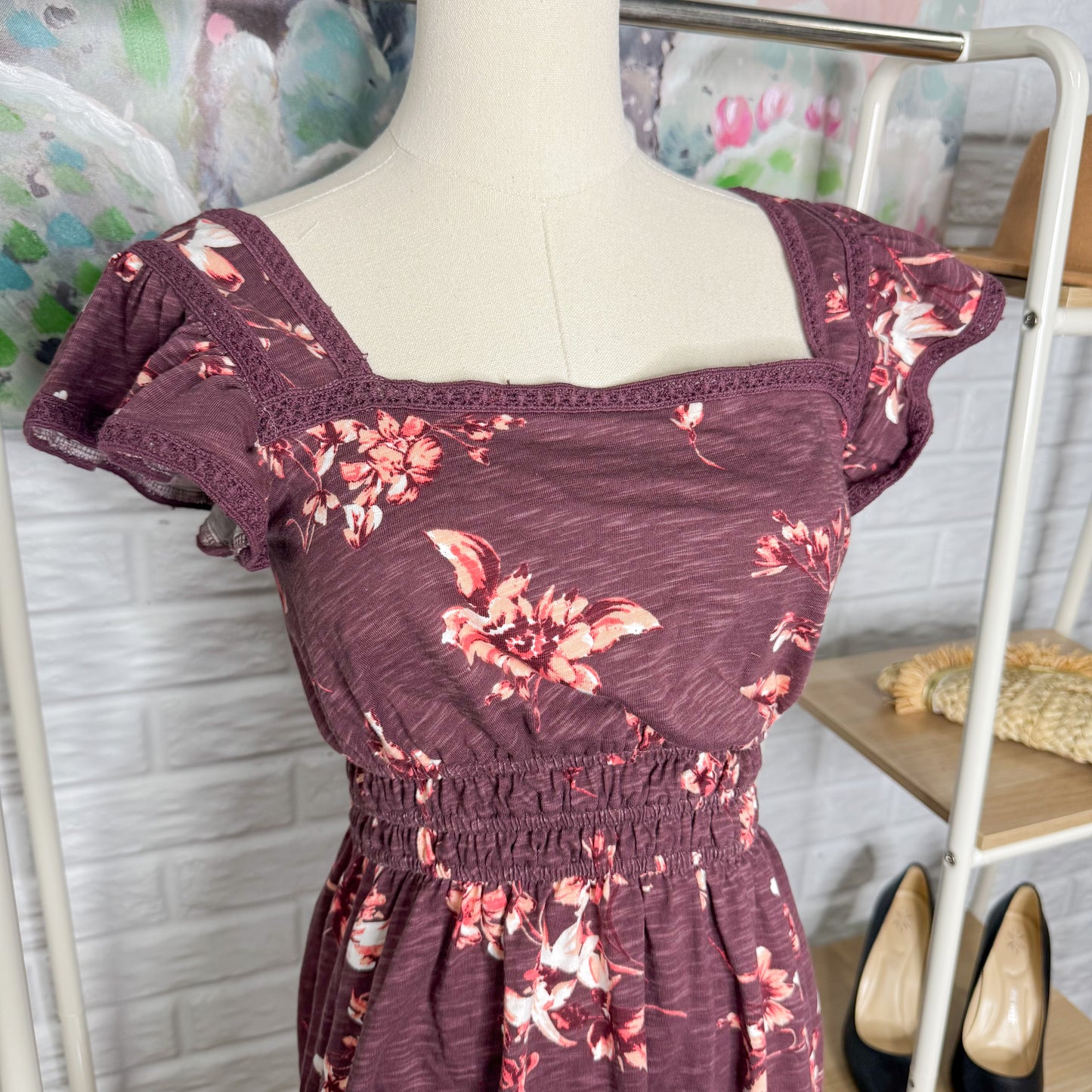 Maurice’s 24/7 Bare Flutter Sleeve Skater Dress Maroon Floral (XS)