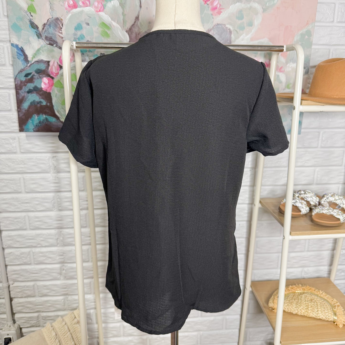 Cupshe New Black Scalloped V Neck Blouse (M)