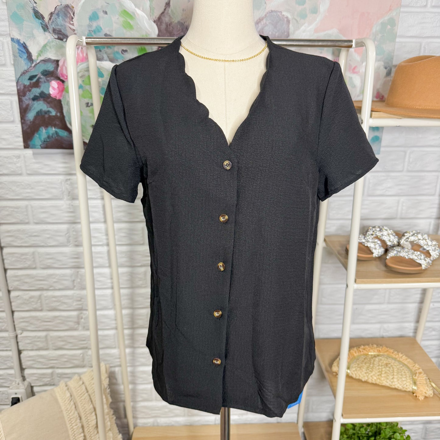 Cupshe New Black Scalloped V Neck Blouse (M)