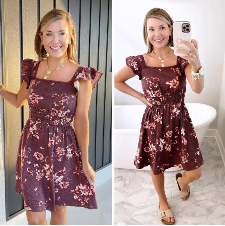 Maurice’s 24/7 Bare Flutter Sleeve Skater Dress Maroon Floral (XS)