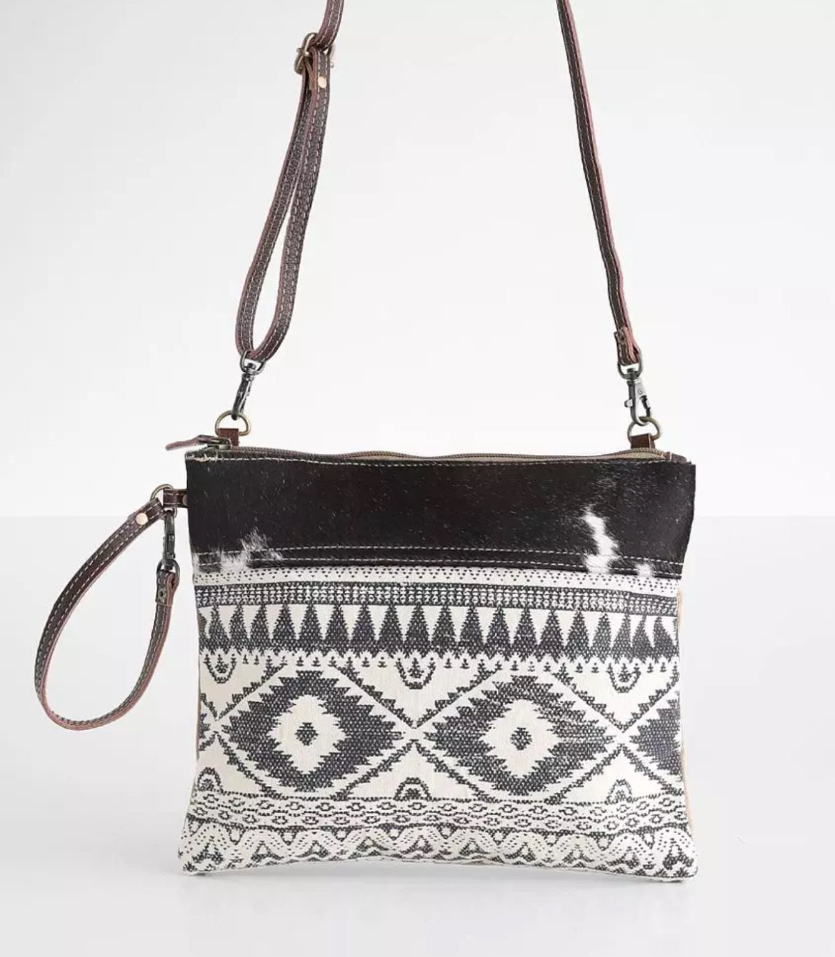 Myra Classic Leather Crossbody in Black / White / Multi