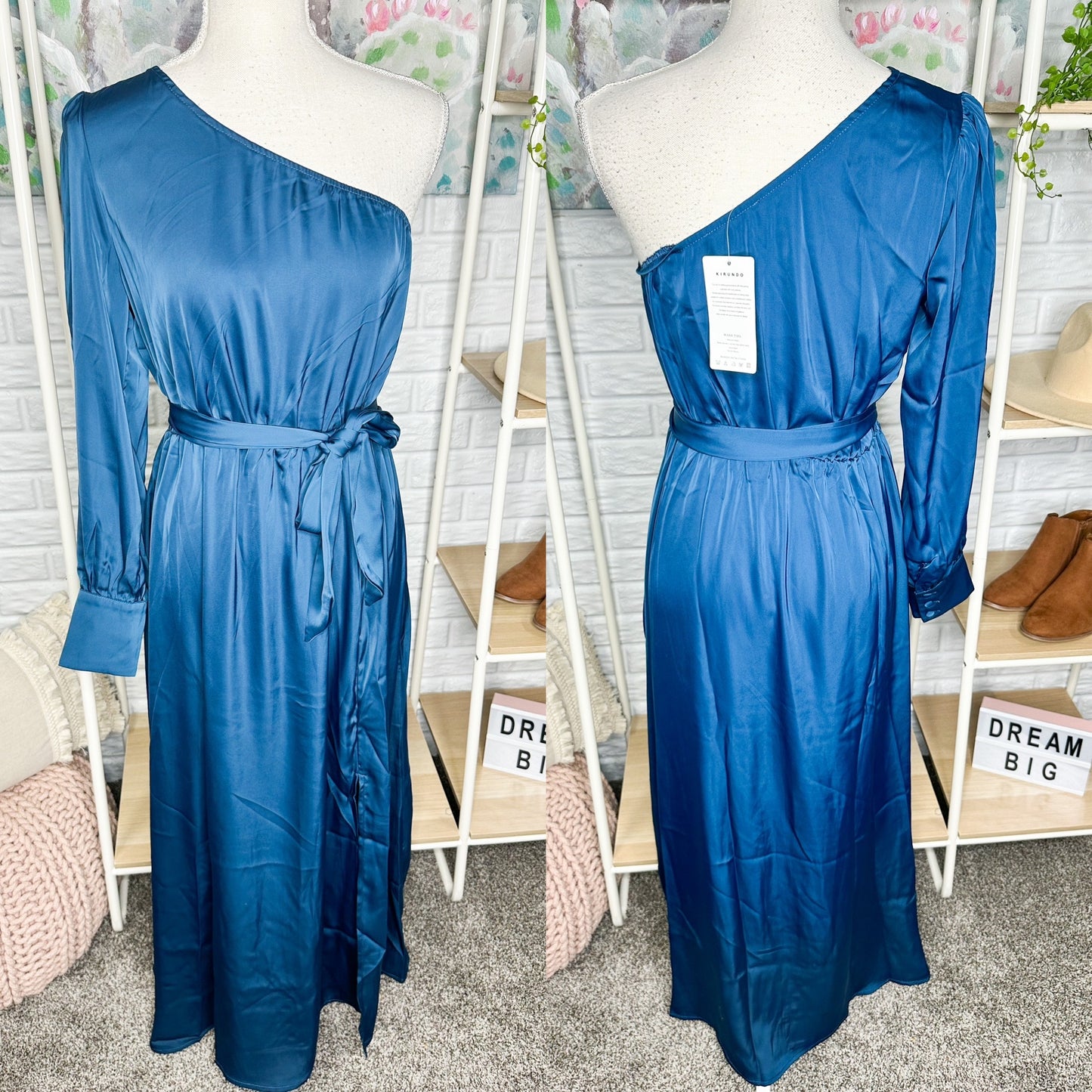 Kirundo New Satin One Shoulder Long Sleeve Maxi Dress Size Medium