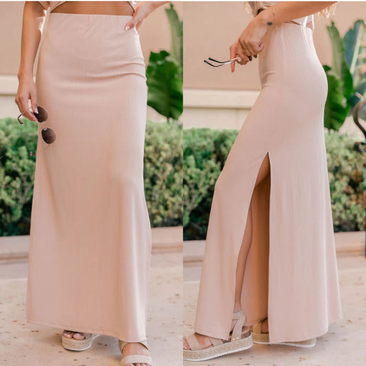 Pink Lily Honest Hour Beige Maxi Skirt Size Large