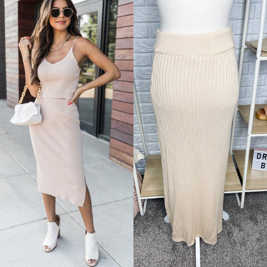 Pink Lily Day to Night Cream Ribbed Midi Skirt Size Large