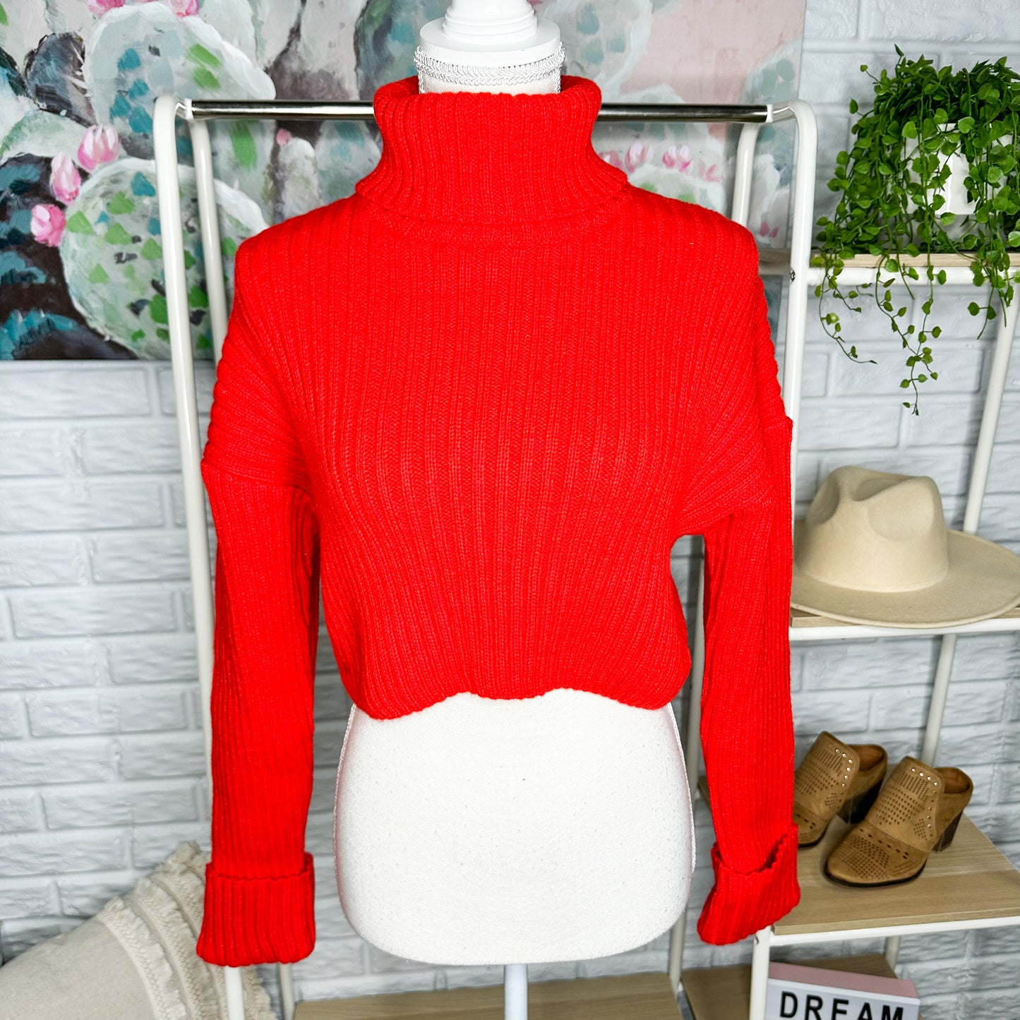Goodnight Macaroon Red Yoyo Turtleneck Crop Sweater Size Large