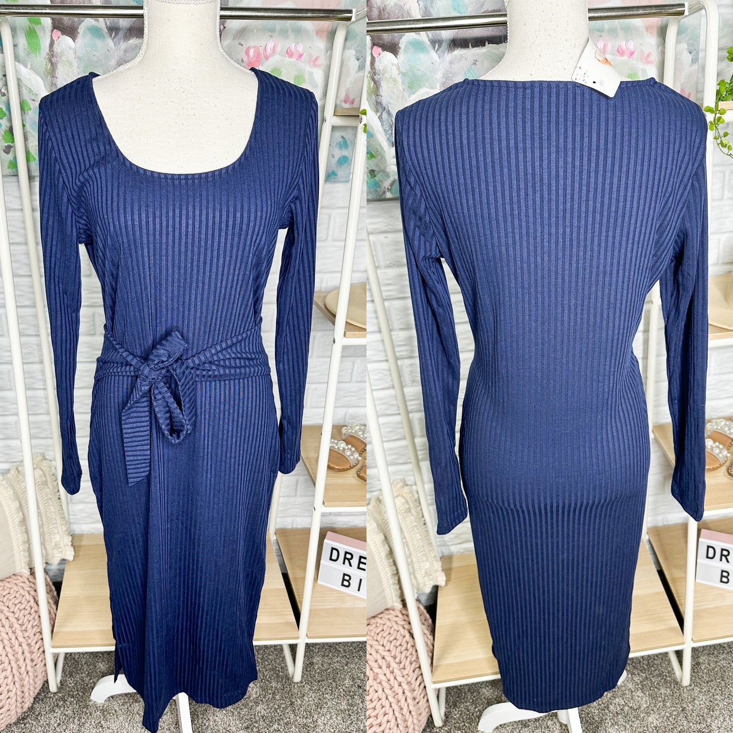Prettygarden New Blue Ribbed Midi Dress Size Large
