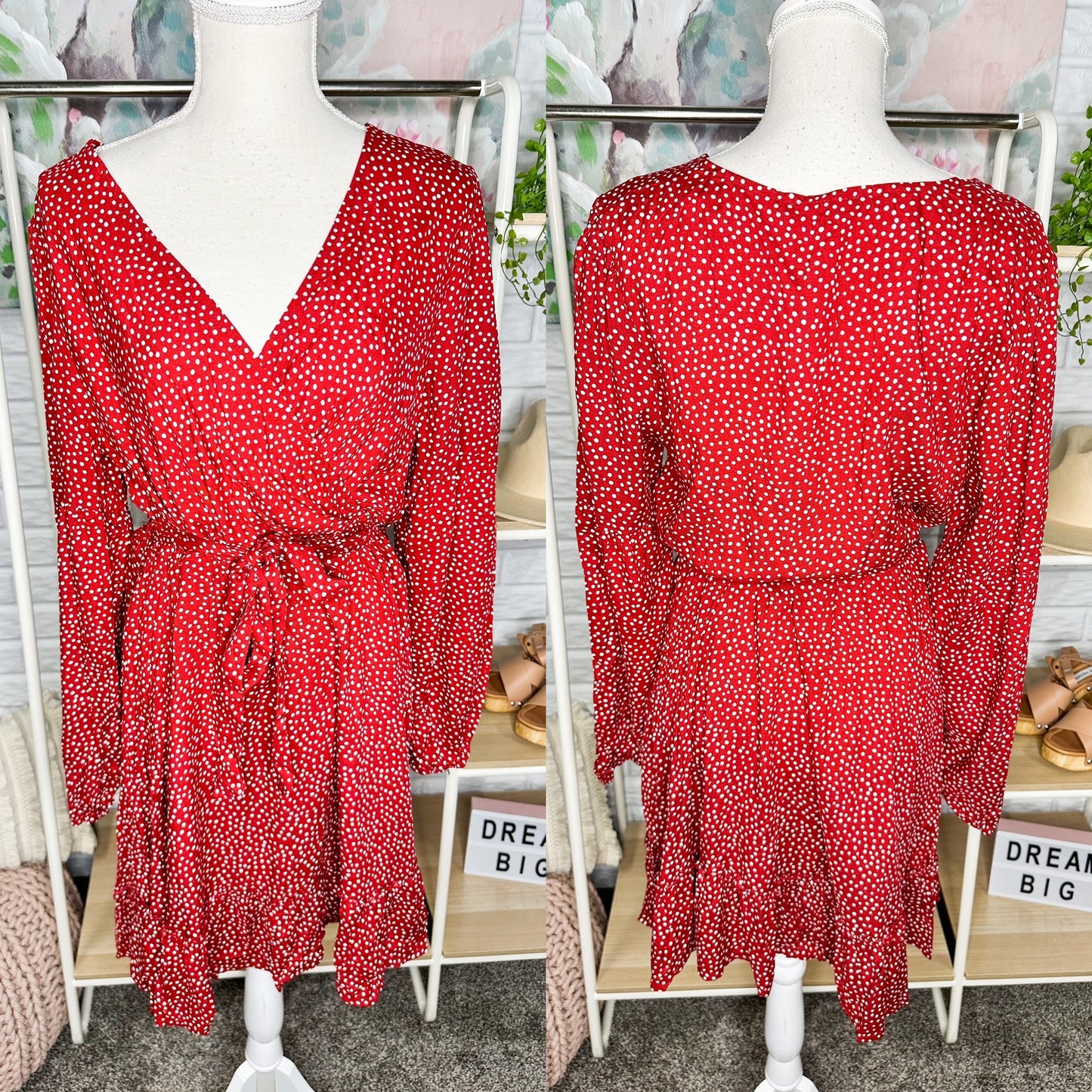Kojooin New Red Dot Long Sleeve Dress Size Large