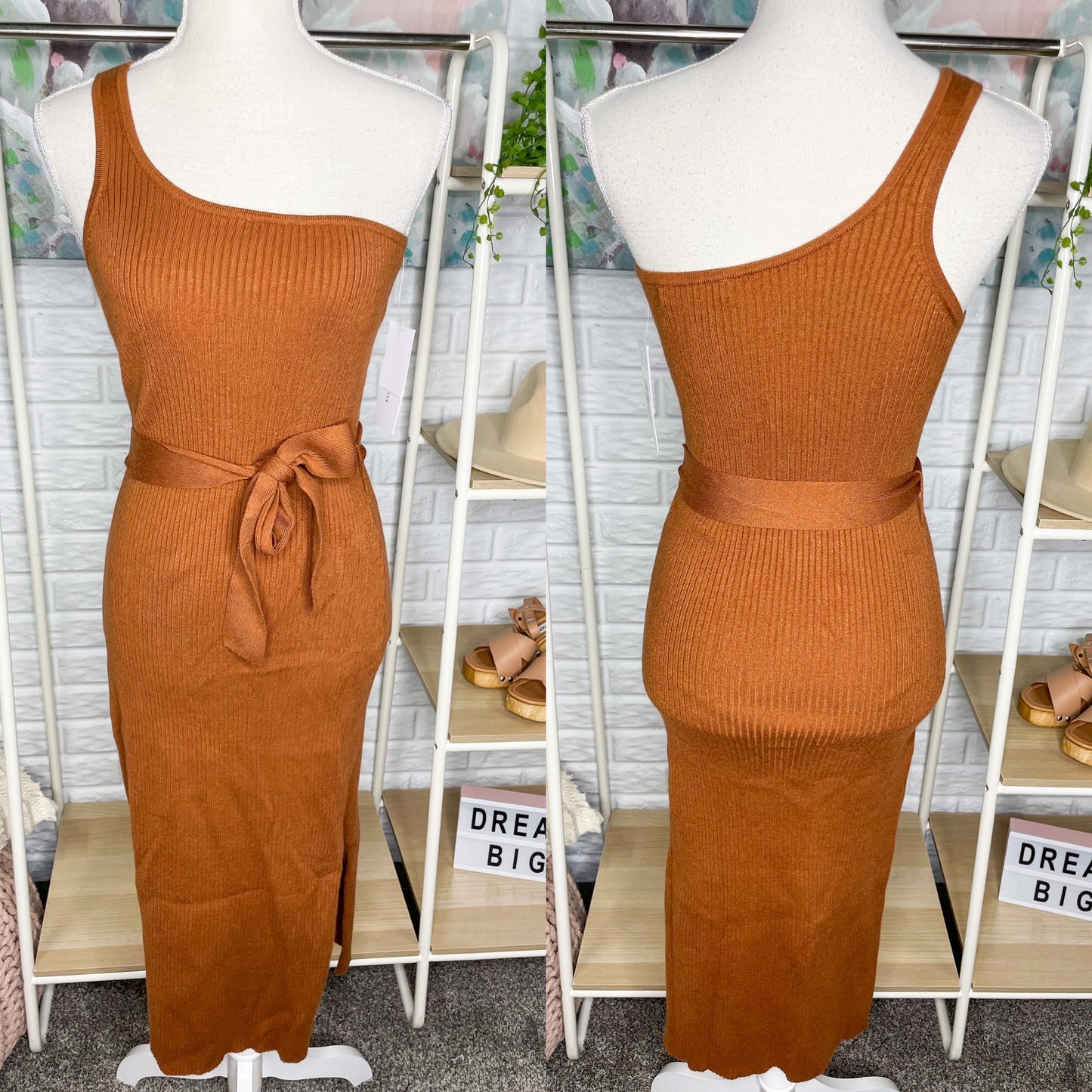 JustFab NEW Rust One Shoulder Ribbed Knit Dress Size Large