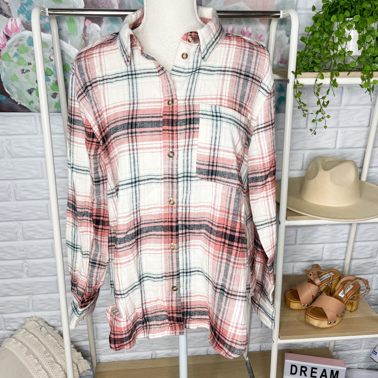Love Tree Pink Plaid Button Down Blouse Size Small