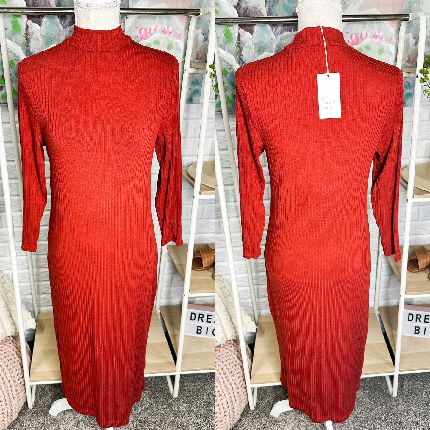 A New Day New Red Ribbed Mock Neck Dress Size Medium