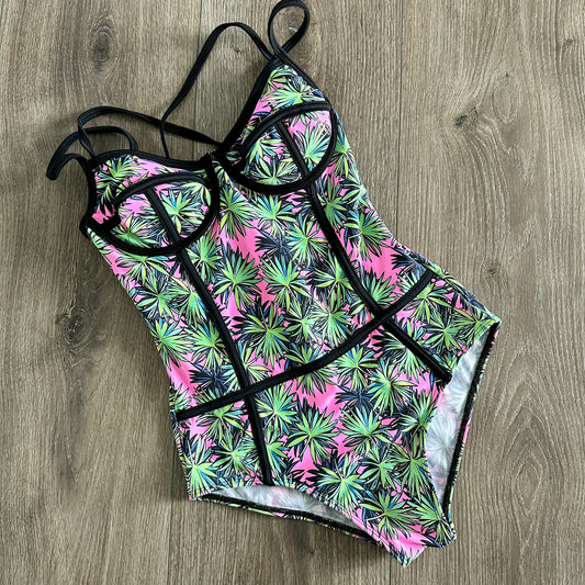 Amiani Tropical Palm Tree One Piece Swimsuit Size Medium