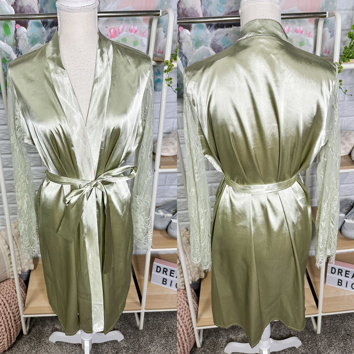 Avidlove New Green Satin Lace Robe Size Medium