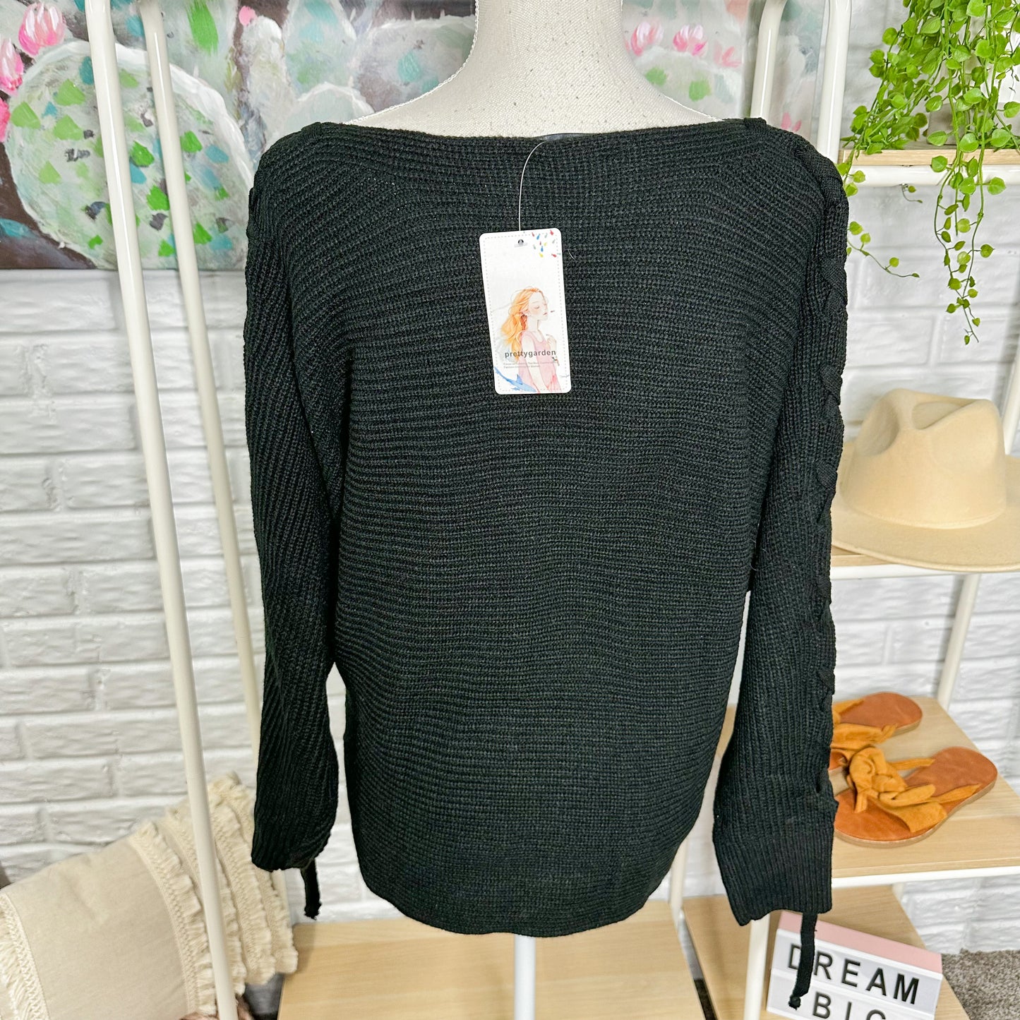 Prettygarden New Black Criss Cross Sleeve Sweater Size Medium