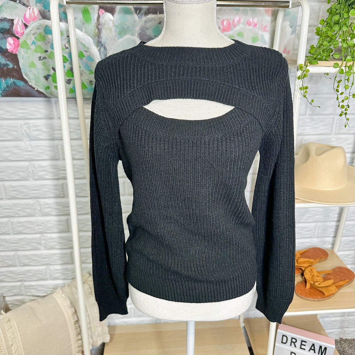 Pink Lily Get A Chance Black Cut Out Sweater Size Medium