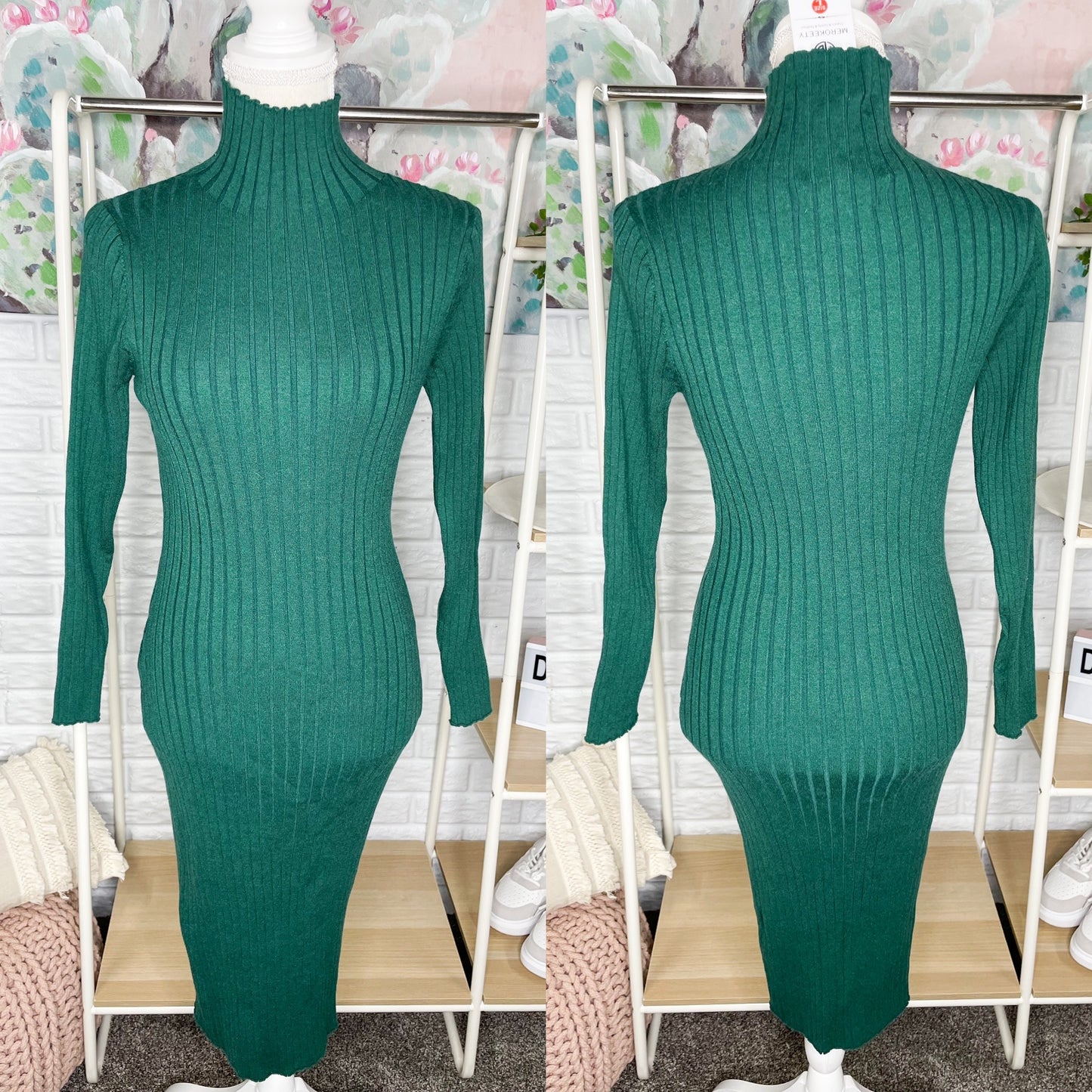 Merokeety New Green Long Sleeve Ribbed Midi Dress Size Large