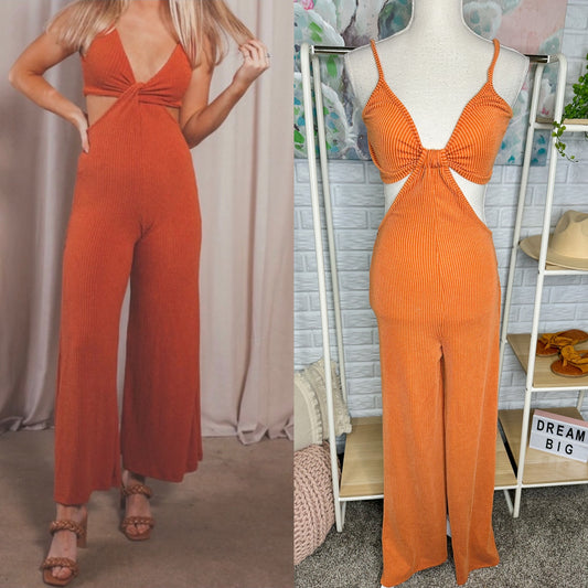 Blue Buttercup Orange Ribbed Cut Out Jumpsuit Size Large